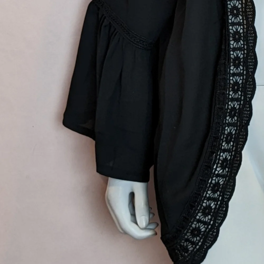 Black Crochet Trim Bohemian Open Front Cardigan Kimono Top